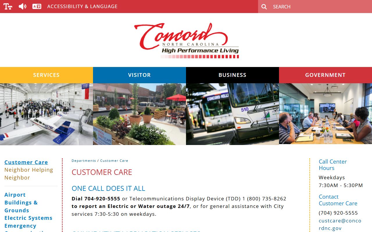 Concord phone directory Customer Care page