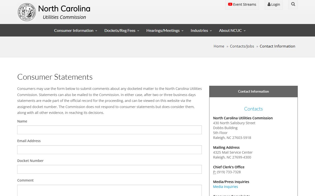 Concord phone area codes North Carolina Utilities Commission contact page